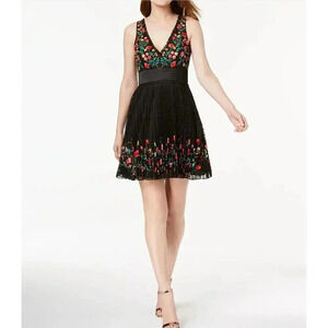 French Connection Amity Black Lace Floral Flared Dress, 10